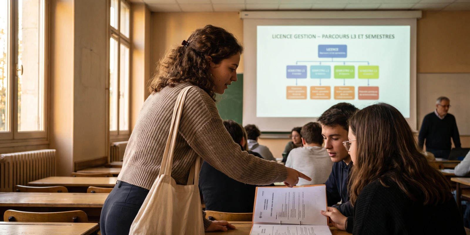 Licence gestion et administration : une voie complète Dans une salle de cours, une étudiante montre un document à deux camarades devant un schéma projeté.